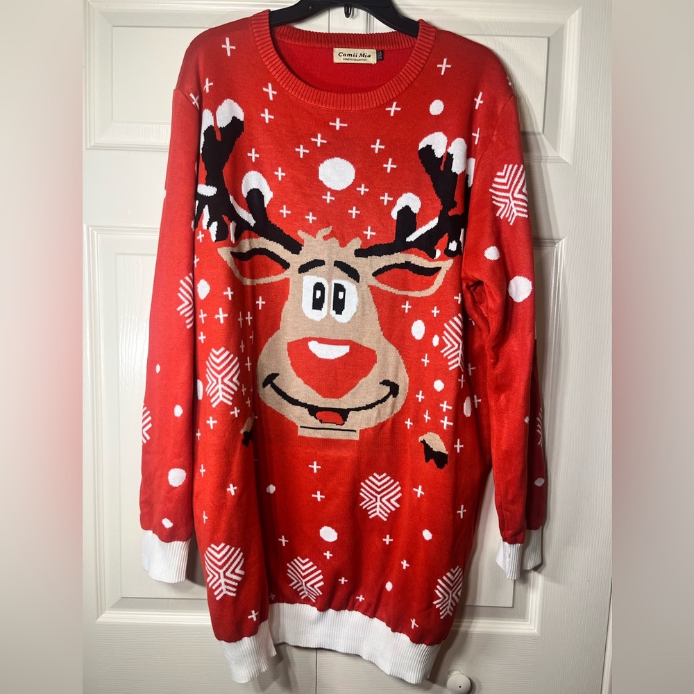 Camii Mia Ugly Christmas Sweater‎ Dress Funny Sweater Dress Reindeer Xmas Party